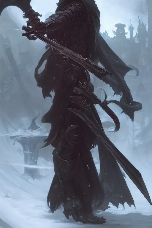 Prompt: reaped wielding a scythe, full body shot, hood, d & d, dark fantasy, intricate, highly detailed, digital painting, artstation, concept art, matte, sharp focus, illustration, hearthstone, art by artgerm and greg rutkowski and alphonse mucha