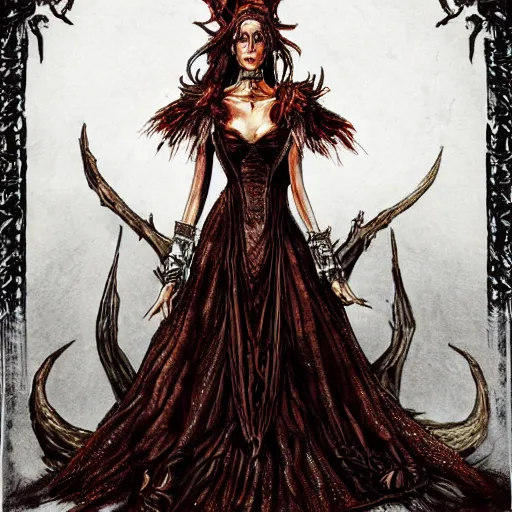 Image similar to Detailed Beautiful and symmetrical witch of fire wearing victorian dress and rusty crown, dark souls, concept art
