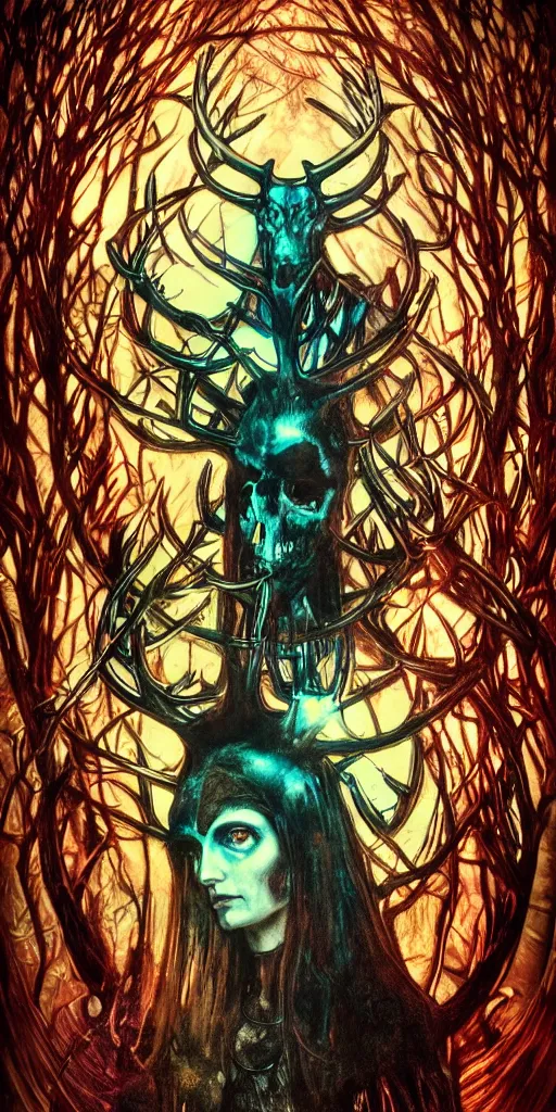 Prompt: intense glowing black metal pagan god with antlers and blood and intense glowing eyes with a bull skull in very dark forest by giger and alphonse mucha, portrait, fantasy, clear, red and teal and shining gold, light beams, lens flare, intense, uhd, amazing depth, cinematic lighting