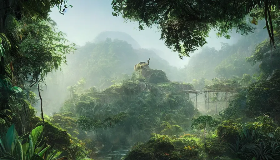 Prompt: abandoned zoo covered by vegeration in the heart of the jungle, sunny morning, mountains and waterfalls, light fog, hyperdetailed, artstation, cgsociety, 8 k