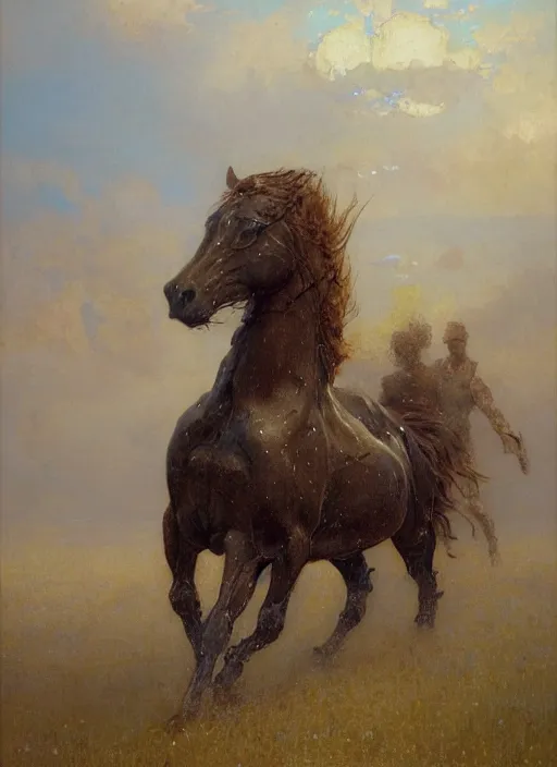 Image similar to portrait of one meadow metal horse by gaston bussiere, anna nikonova aka newmilky, greg rutkowski, yoji shinkawa, yoshitaka amano, tsutomu niehi, moebius, donato giancola, geoffroy thoorens, concept art, trending on artstation, featured on pixiv, cinematic composition, 8 k