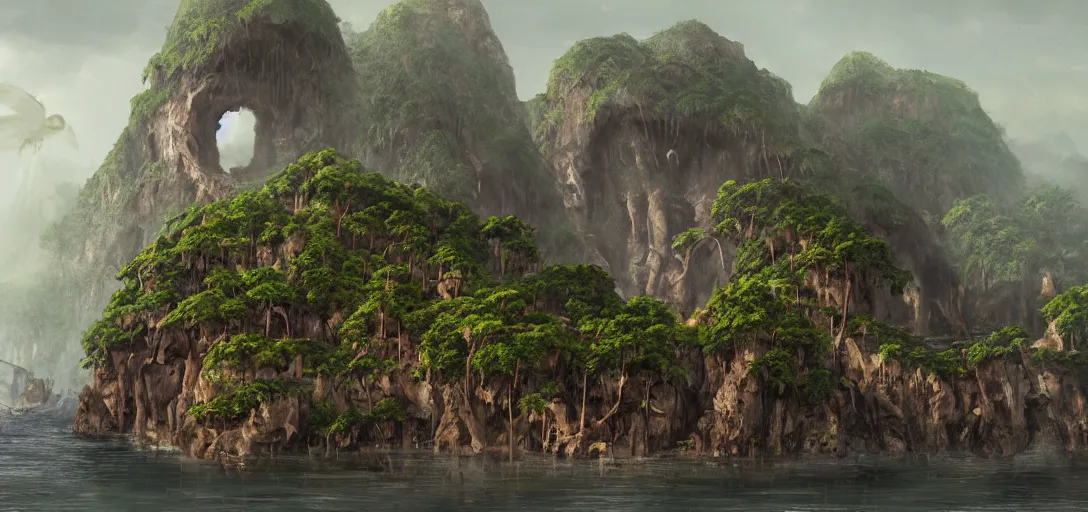 Image similar to skull Island, wooden fortress wall on a tropical island with ruff shore cliffs,landscape, raphael lacoste, eddie mendoza, alex ross, john howe, concept art, matte painting, highly detailed, rule of thirds, dynamic lighting, cinematic, detailed, denoised, centerd, clean render