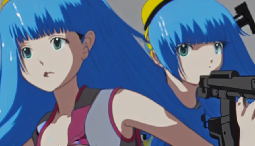 Prompt: 8 k screencap of a blue - haired girl with a gun on a favela anime, by hayao miyazaki, studio ghibli, extremely high quality artwork