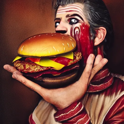 Prompt: portrait photography of Mel Gibson in clown makeup eating a giant hamburger, extra ketchup and mustard with overflowing bacon lettuce and tomato, cinematic lighting, highly detailed, feminine ethereal, D&D, hearthstone, digital painting, artstation, concept art, smooth, sharp focus, illustration, art by Terry Moore and Greg Rutkowski and Alphonse Mucha