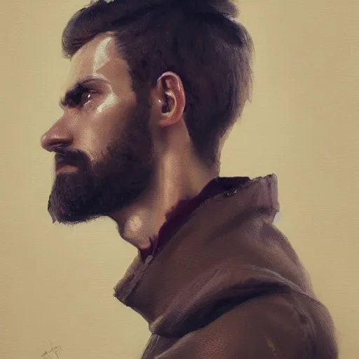 Image similar to An oil painting of a man dressed in priest robes, 30 years old, chad jaw line, short black hair, trimmed beard, sharp facial features, beautiful, highly detailed, by Cédric Peyravernay, trending on artstation