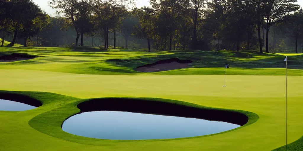 Image similar to a great photograph of the most amazing golf hole in the world completely surrounded by water, calm water, perfect light, ambient light, miniature, tilt shift lens, golf digest, top 1 0 0, fog