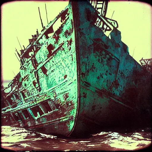 Prompt: towering rusty shipwreck, underwater, murky, megalophobia, old polaroid, expired film,