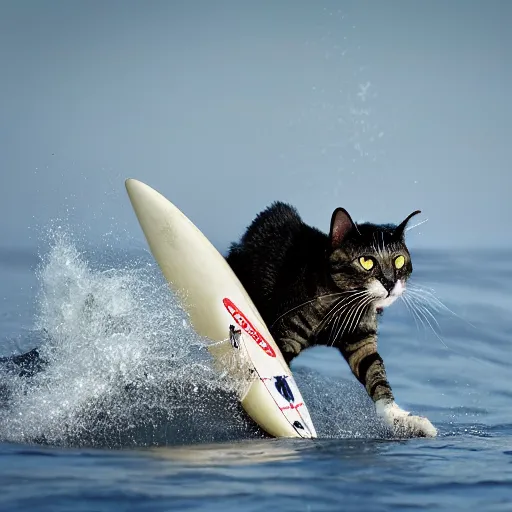 Image similar to an anthropomorphism cat by designed wayne westwood surfing a mega wave, photo taken from the shore, highly detailed photography, 3 0 0 mm, natural light, bokeh effect