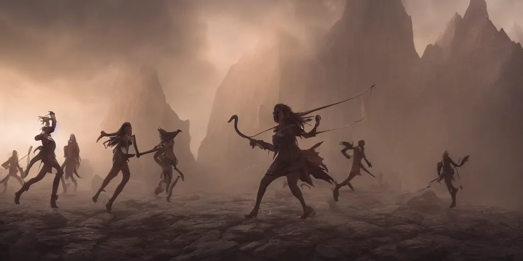 Image similar to cinematic, concept art, high fantasy matte painting, of a female bard and her adventuring party running from an angry crowd, foggy, depth of field, 8k, 35mm film grain, unreal engine 5 render