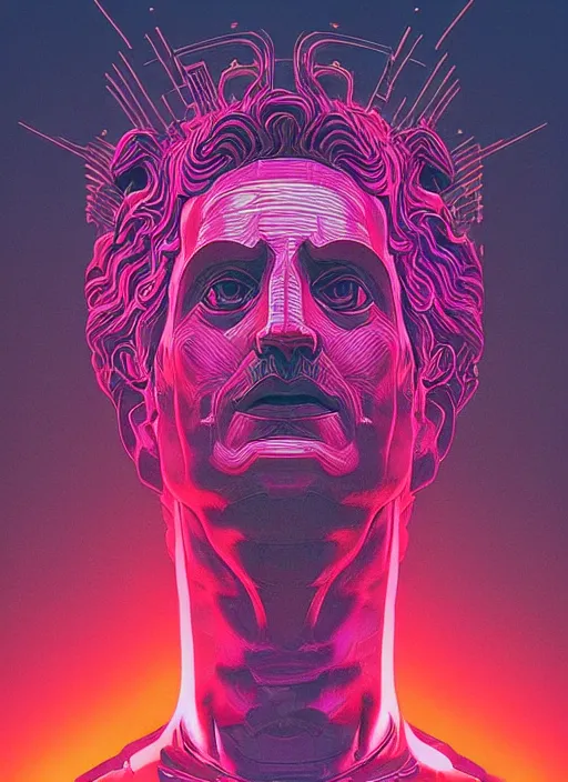 Image similar to statue of dionysus, beeple, android jones, dan mumford, vaporwave, retrowave, black background, neon wiring, black, glitch, strong contrast, cuts, pinterest, trending on artstation