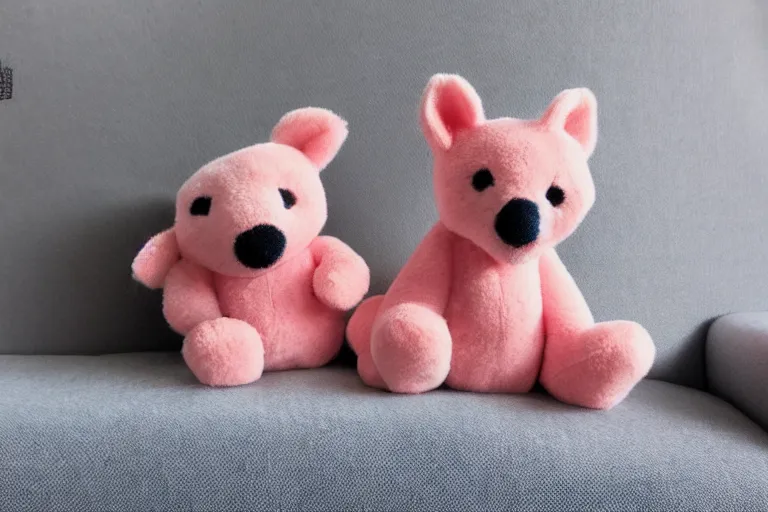 Prompt: a high quality 3 5 mm photo of a pink chubby stuffed animal kangaroo with dark blue shirt sitting on a couch, an ultrafine detailed photo, trending on artstation, sharp focus, baby toy
