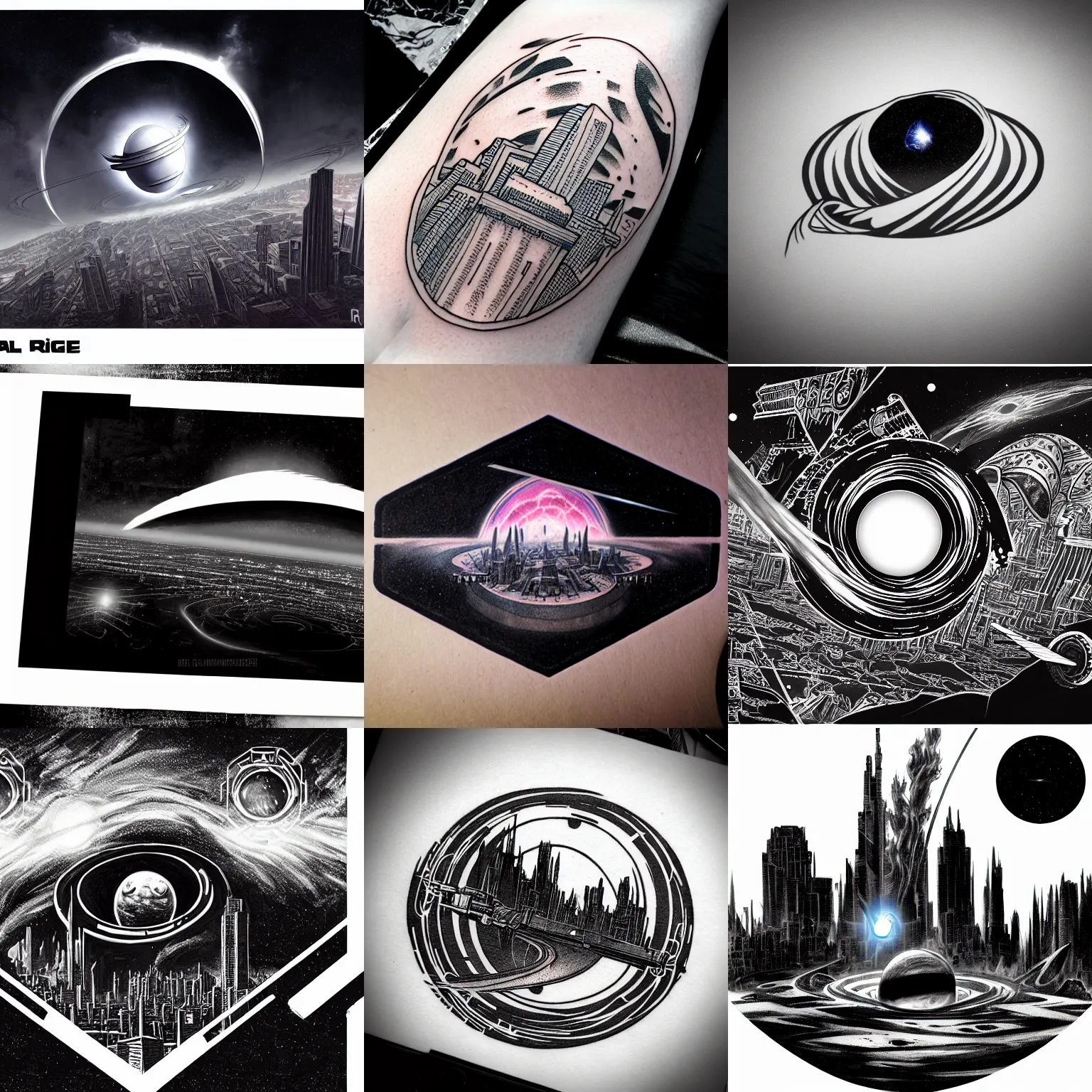 Prompt: concept art of tattoo png logo of black hole rising above city, city destroyed by shockwave, black hole with accretion disс, vector logo, sticker, black and white, pencil and ink drawing, art by, ralph mcquarrie, greg rutkowski