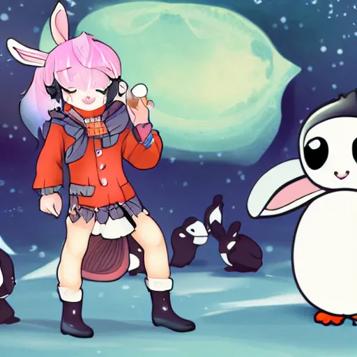 Prompt: bunny vtuber playing with penguins