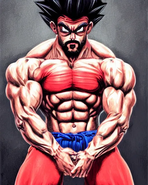 Image similar to gigachad goku bodybuilder in tokyo wearing a red suit by ilya, ernest khalimov body by krista sudmalis, super mario bros symmetrical face concept art, hyper realistic, intricate, elegent, highly detailed, digital painting, concept art, smooth, sharp, focus, illustration, art by artgerm and greg rutkowski and alphonse mucha, artstation