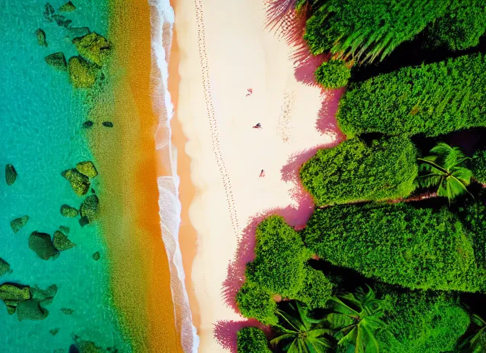 Prompt: aerial view of a beautiful beach with tropical trees, sunny day, cinematic, beautiful light, photo realistic