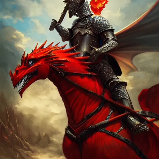 Image similar to a knight in armor riding his horse fighting a fiery red dragon, cinematic dramatic wide angle portrait, MtG, D&D, fantasy, intricate, elegant, highly detailed, digital painting, artstation, concept art, smooth, sharp focus, illustration, art by artgerm and greg rutkowski and alphonse mucha