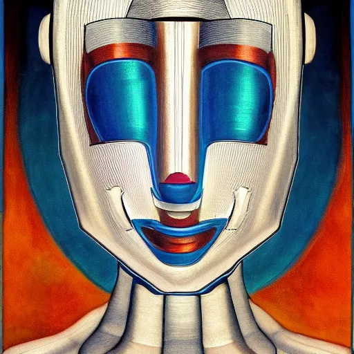 Prompt: the robot wearing her human mask, by christopher kit williams, symbolist, dramatic lighting, elaborate geometric ornament, art brut, god rays, soft cool colors, smooth, sharp focus, extremely detailed