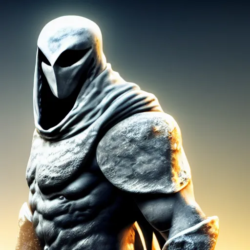 Image similar to a high resolution render of moon knight mixed with krator from gow, artstation, accurate, 8 k, cgivfx, quixel, wetastudiofx, bigstudiovfx, octanerender 3 d, framestorevfx, cgrecord, highdensity, highradiosity