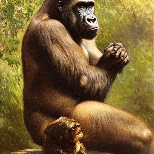 Image similar to highley detailed potrait of a gorilla, painting by gaston bussiere, craig mullins, j. c. leyendecker, lights, art by ernst haeckel, john william godward, hammershøi,