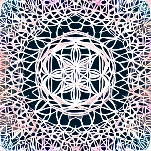 Image similar to flat tie - dye'flower of life'geometry design on crisp white copy paper background illustration, sharp - focus, detailed contour edges, summer boho style, closeup motif template,