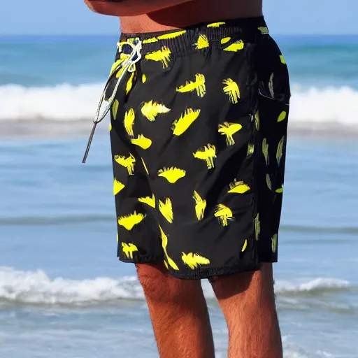 Image similar to the grim reaper going on vacation, wearing garfield swim trunks at the beach and sipping from a coconut