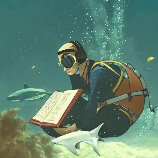 Image similar to man with a vintage diving suit reading a book underwater with sharks around him in the style of makoto shinkai, digital painting, good composition, godrays, trending on art station, high detail