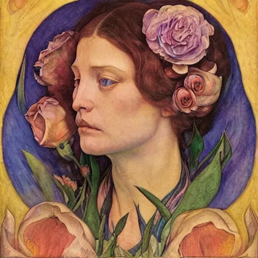 Image similar to flower queen, by annie swynnerton and tino rodriguez and nicholas roerich and jean delville and evelyn de morgan and lucien freud, dramatic lighting, floral tattoos, rich colors, smooth sharp focus, extremely detailed, adolf wolfli
