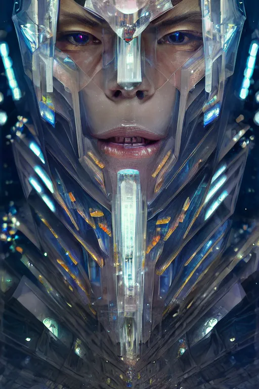 Image similar to dreamland of chinese, ghost, sharp, slender and densely arranged teeth, futuristic, expressive, dystopian, cyberpunk, mecha, halfturn portrait of a big crystal face made of crystals half - turn, ominous, intricate, studio, art by anthony macbain + greg rutkowski + alphonse mucha, concept art, 4 k, sharp focus