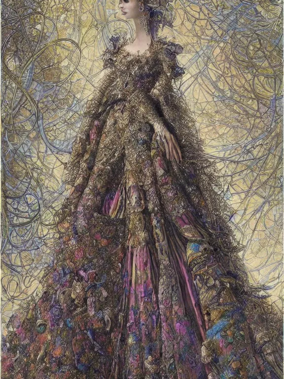 Image similar to A detailed digital picture of a beautiful women wear haute couture by John Galliano ,ethereal,maximalism,glittering, by patrick woodroffe,Gustave Doré,Trending on artstation,cgsociety，pinterest,vogue,Ligne Claire, DSLR,vivid color