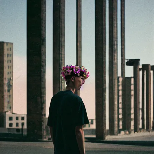 Prompt: kodak portra 4 0 0 photograph of a skinny blonde guy standing in empty dystopian city, back view, flower crown, moody lighting, telephoto, 9 0 s vibe, blurry background, vaporwave colors, faded!,