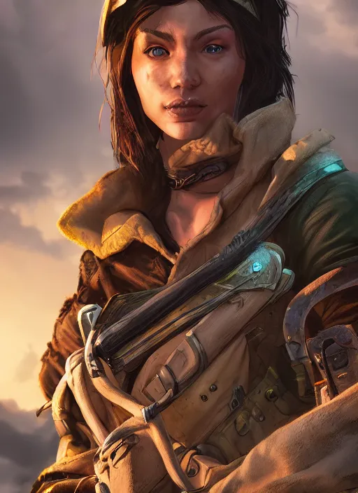 Prompt: A fantasy comic book style portrait painting of a female ranger in a bright post apocalyptic setting, unreal 5, DAZ, hyperrealistic, octane render, RPG portrait, dynamic lighting