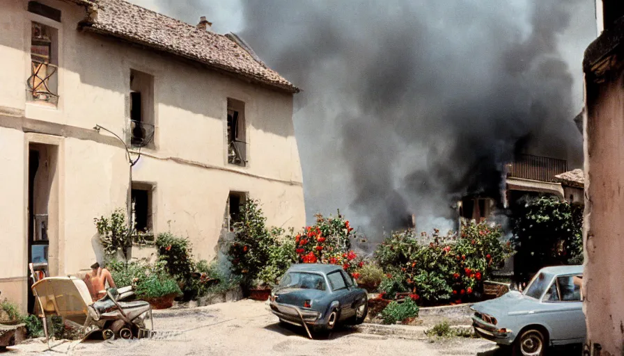 Image similar to 1 9 7 0 s movie still of a heavy burning french style townhouse in a small french village, cinestill 8 0 0 t 3 5 mm, heavy grain, high quality, high detail, dramatic light, anamorphic, flares