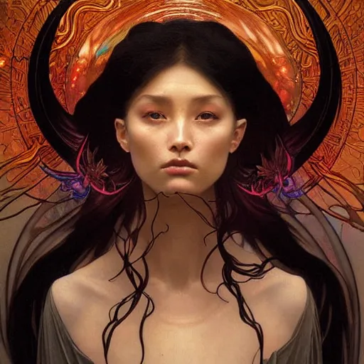 Image similar to A portrait of A beautiful!! angel in black flame by Ross Tran!!! and alphonse mucha and greg rutkowski! and gustav doré! and Zdzisław Beksiński!,In style of digital art illustration.Symmetry.Highly detailed face.Fantasy,smooth,hyper detailed,sharp focus,Soft light.trending on artstation.