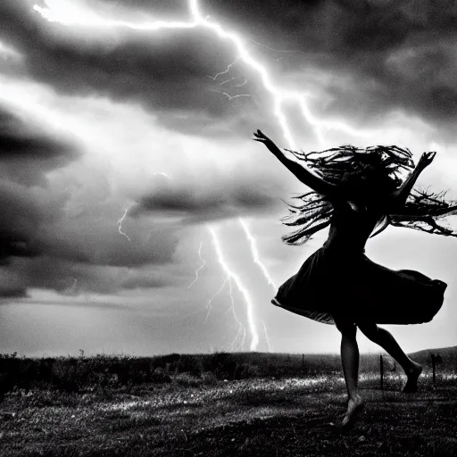 Image similar to wild woman dancing in an epic storm with lightning, fire, creepy shadows, Tim Burton, black and white photograph, 40mm, hyper detailed, 8k, clear,