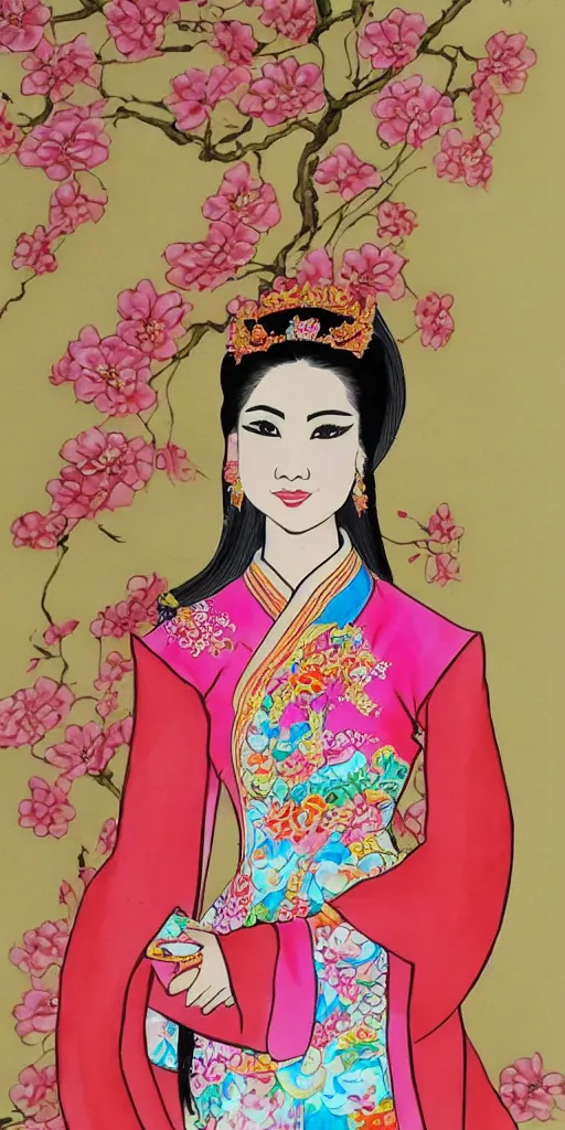 Image similar to silk painting of beautiful vietnamese princess wearing vietnamese ao dai, 2 d game character design, in the style of lam manh