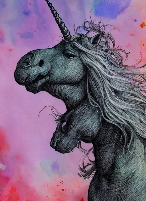 Image similar to portrait, a sad depressed unicorn that hung itself from a rainbow, watercolor, dramatic lighting, cinematic, establishing shot, extremely high detail, foto realistic, cinematic lighting, pen and ink, intricate line drawings, by Yoshitaka Amano, Ruan Jia, Kentaro Miura, Artgerm, post processed, concept art, artstation, matte painting, style by eddie mendoza, raphael lacoste, alex ross