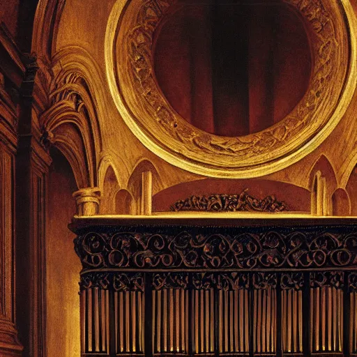 Image similar to pipe organ intricately carved from dark smoke, high detail baroque oil painting, golden ratio, volumetric light, godrays, alan lee, caravaggio, michelangelo