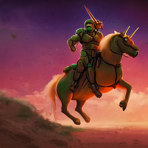 Prompt: doomguy riding a unicorn, game art, trending on artstation