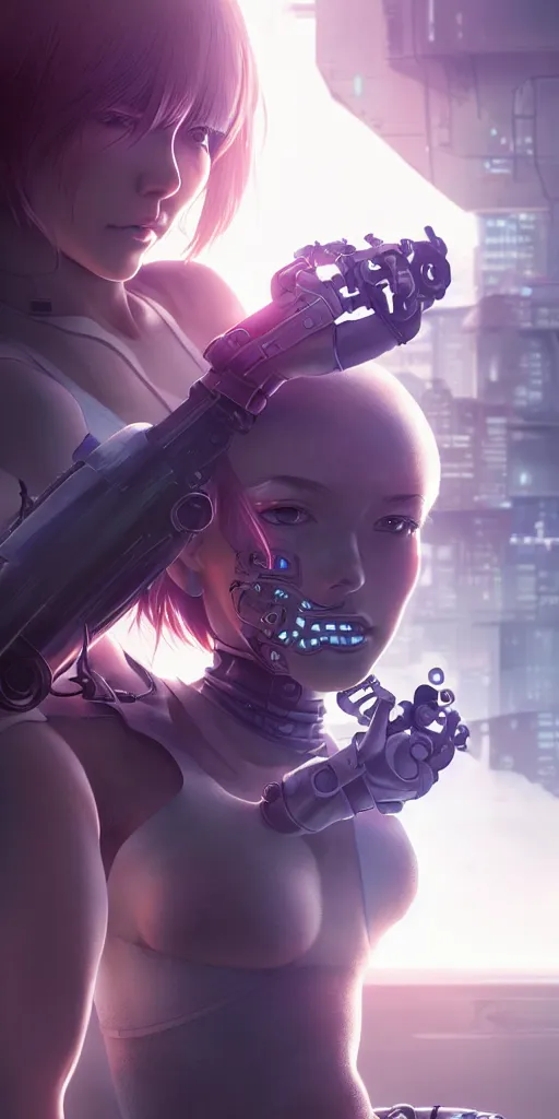 Prompt: realistic render of a cyborg - girl tearing off an arm by ross draws, futuristic dystopian city by ilya kuvshinov, digital anime art by ross tran, extreme intricate details, composition by sana takeda, lighting by greg rutkowski