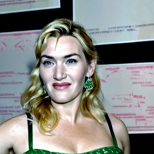 Prompt: a portrait image of kate winslet with blond hair and green eyes, a wide smile and a genuinely happy and calm expression, looking directly at the camera