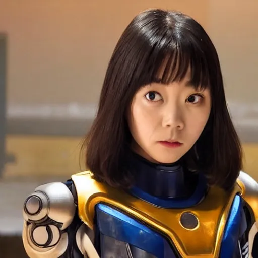 Image similar to still from a 2 0 1 9 japanese tokusatsu tv show starring actress mana ashida as a cybernetic female sentai hero fighting in sendagaya. science - fiction ; action.