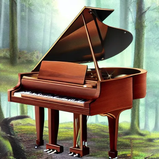 Image similar to grand piano in the middle of the forest, detailed, realistic, birds on the piano