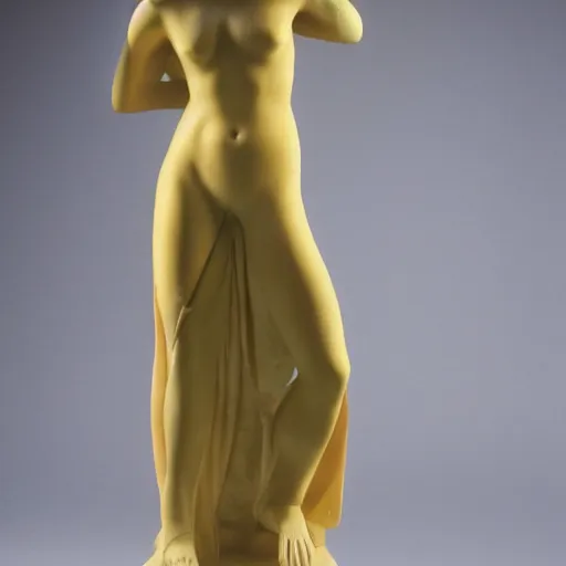 Image similar to a woman in a yellow dress is posing for a picture, a marble sculpture by nicholas hilliard, reddit contest winner, american barbizon school, elegant, studio portrait, full body