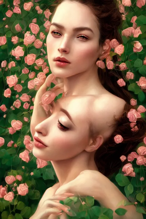 Image similar to stunningly beautiful face, prima ballerina in rose garden, symmetrical face, golden hour, smooth, focus, highly detailed, hyper realistic, dramatic lighting, elegant, intricate, concept art, art by wlop, mars ravelo, greg rutowski, artstation