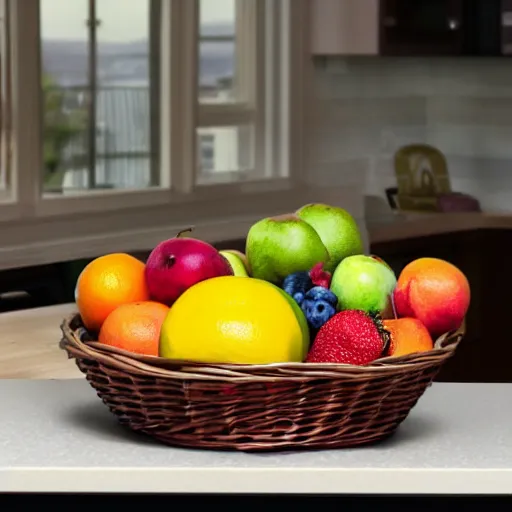 Prompt: a fruit basket on top of a kitchen table, CCTV