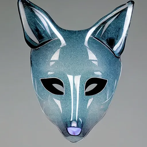 Prompt: a young blue-eyed blonde woman transparent fox mask made of pristine glass