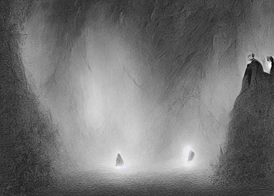 Prompt: light beam being appears suddenly in front of a hooded figure in a black robe standing in a flower meadow, flower meadow landsape in dark pits of a canyon, illustration by Gustave Dore, 18th century drawing , black and white, highly detailed, 4k, concept art, artstation