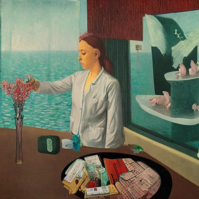 Prompt: a femme emo pathology student in her apartment, a river flooding inside, medical supplies, pigs, plants in glass vase, pork, water, river, rapids, canoe, pomegranate, berries dripping, waterfall, swans, acrylic on canvas, surrealist, by magritte and monet