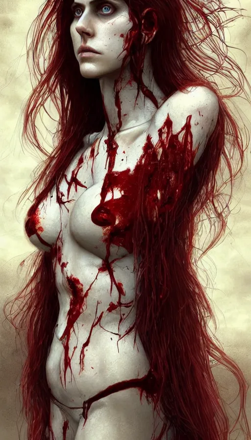 Image similar to woman skeleton body!!, black bones!!, covered with blood, alexandra daddario face!!, long red hair, ultra realistic, concept art, intricate details, highly detailed, photorealistic, octane render, 8 k, unreal engine. retro film still, heavy grain, 3 5 mm, art by artgerm and greg rutkowski and alphonse mucha