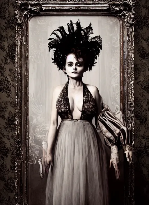 Prompt: a portrait of helena bonham carter by erwin olaf and nekro borja, photorealistic, intricate details, hyper realistic, dark fantasy, rococo onyx headpiece, crystals, photorealistic, canon r 3, photography, symmetrical features, symmetrical pose, wide angle shot, head to toe, standing pose, feet on the ground,